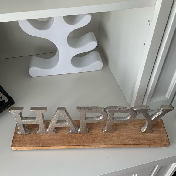 “Happy” Wood Silver Metal Large Decorative Sign Home Decor Made in India EUC 20” - Picture 8 of 9